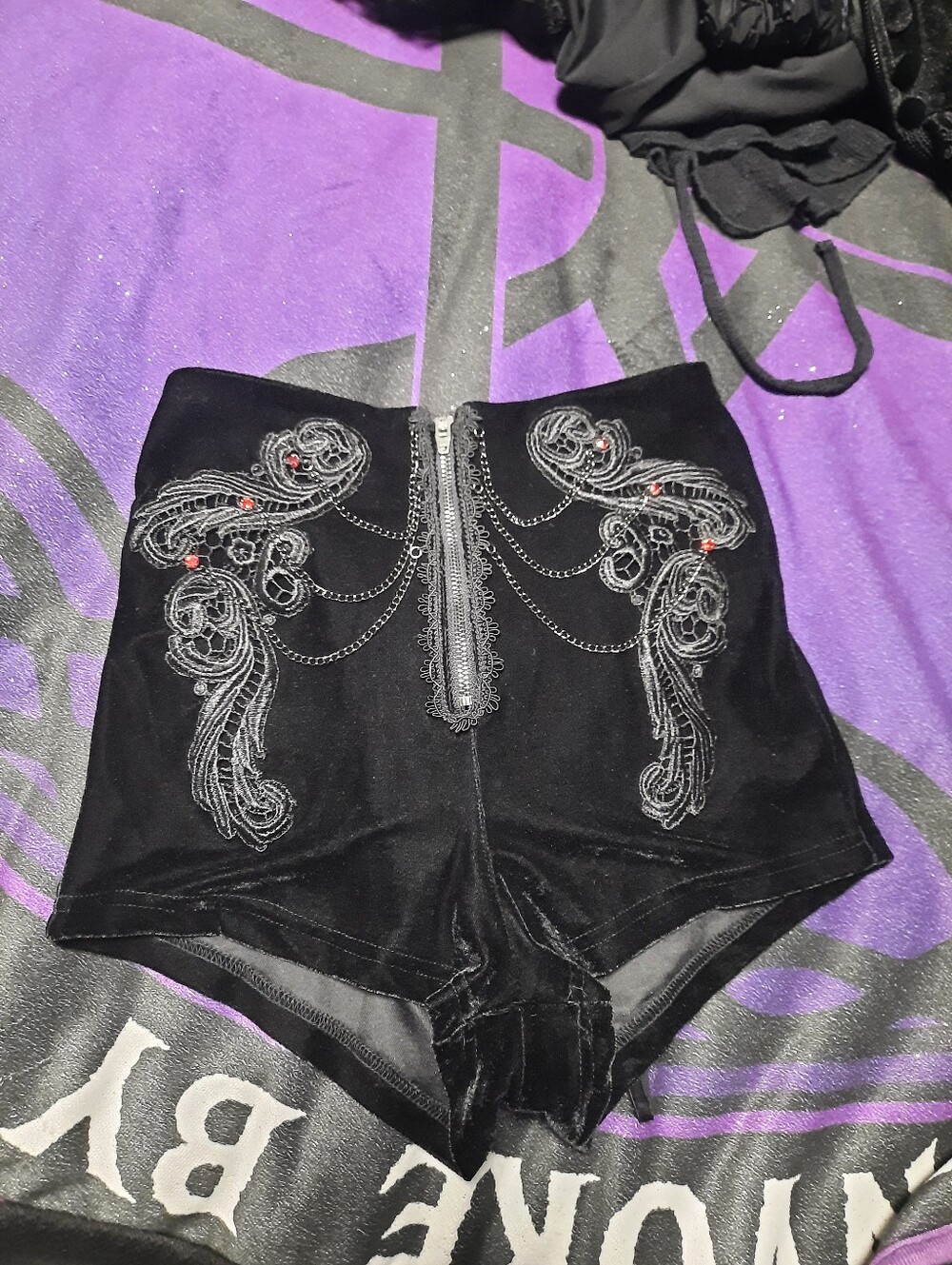 Embellished Black High-Waist Velvet Shorts